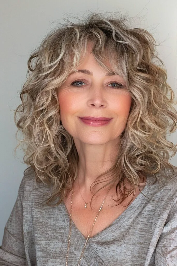 Medium-length curly hairstyle featuring bangs for women over 50