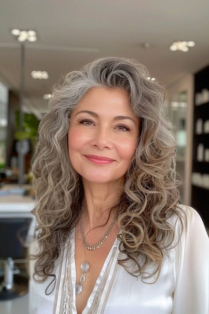 Medium-length curly hairstyle featuring layers for women over 50