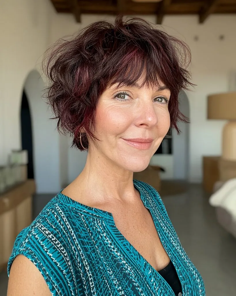 Messy short choppy bob with textured fringe on older woman with plum-tinted layers