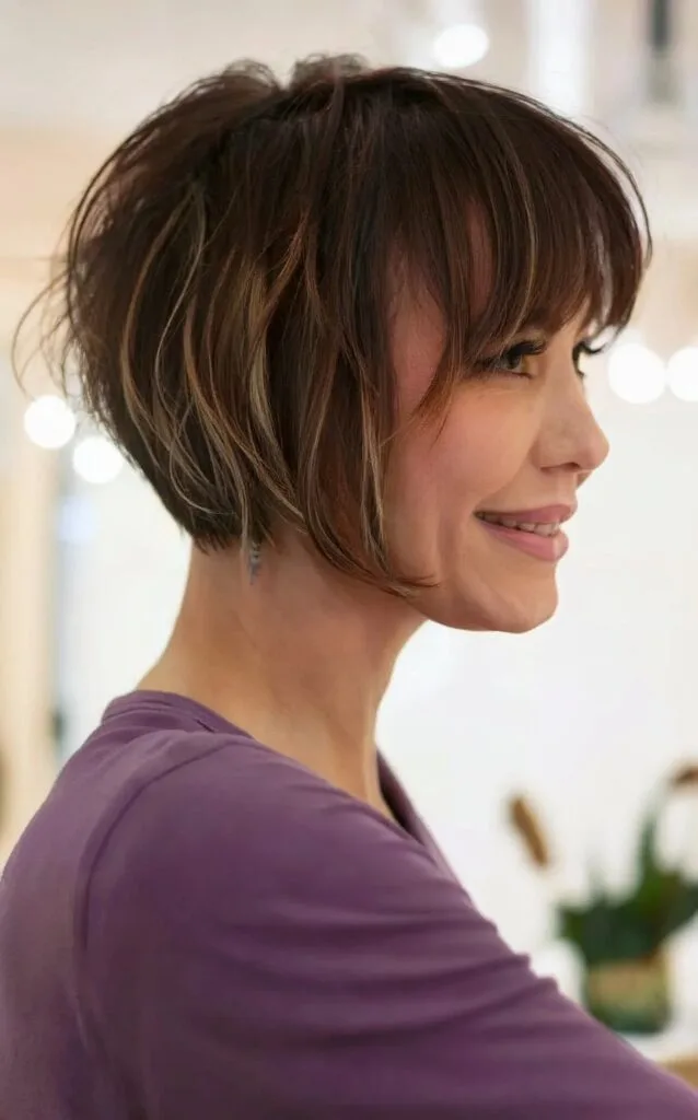 Micro Bob with Bangs and Wispy Layers for Ladies Over 40