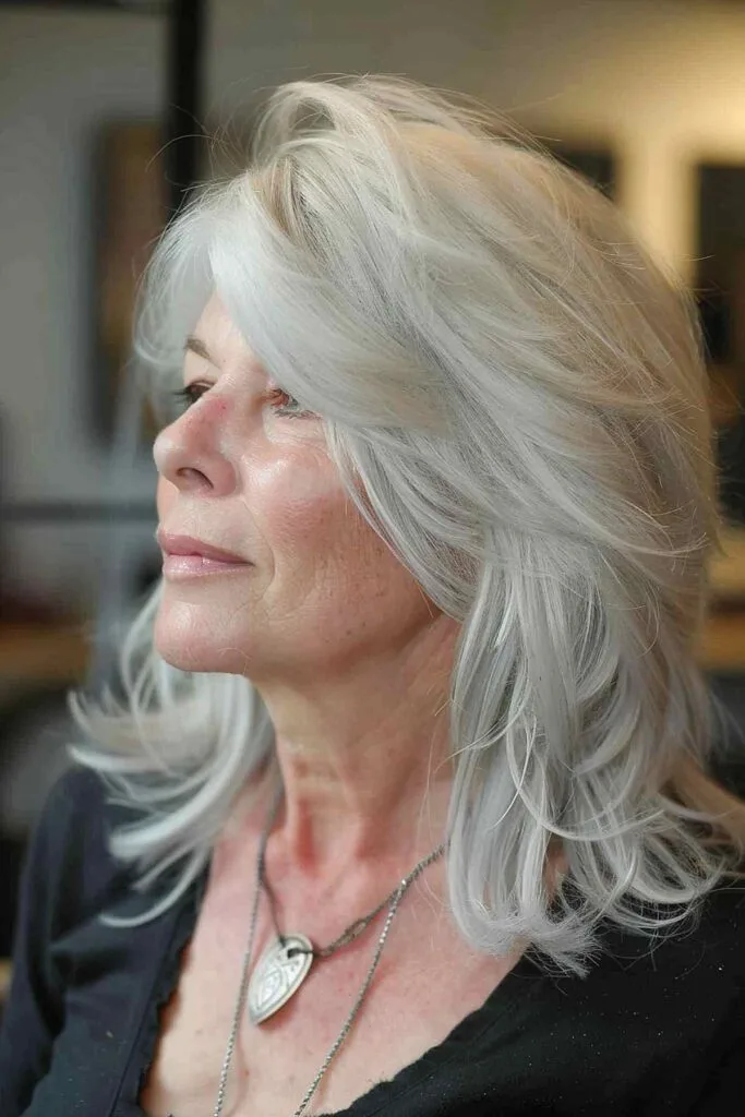 Mid-length feathery shag haircut for women over 50 with fine hair.