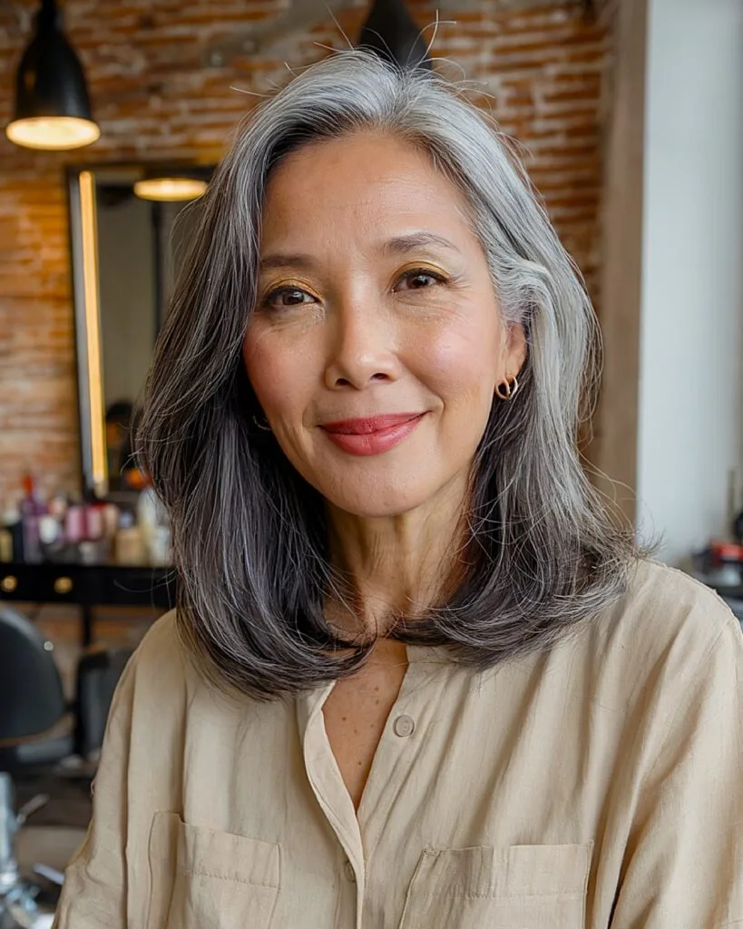 Mid-length haircut with curved layers on older Asian woman with silver-streaked dark hair