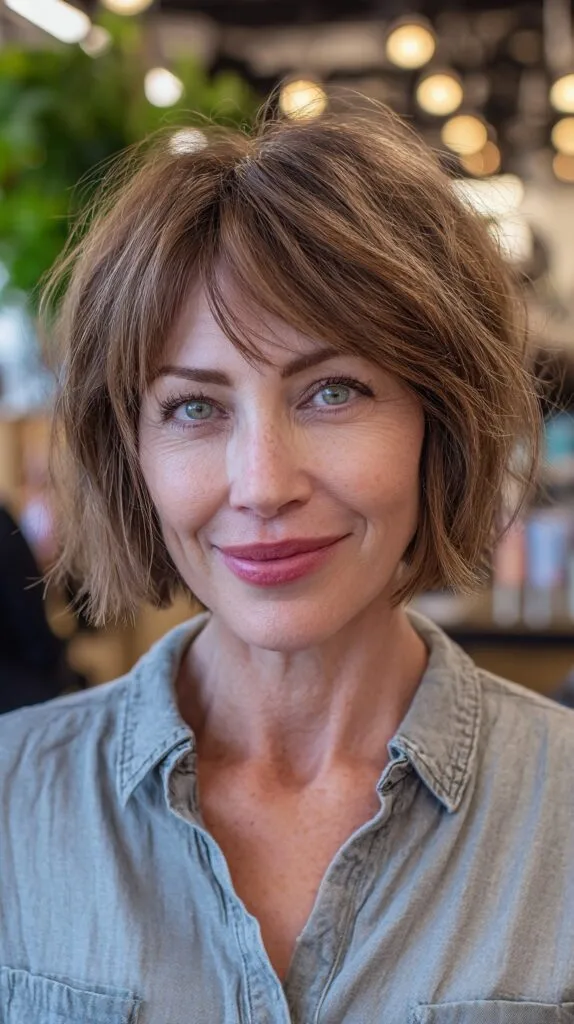 Modern Textured Chin-Grazing Bob with Feathered Curtain Fringe