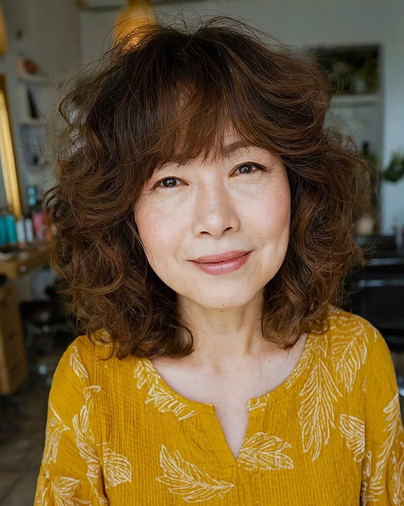 Neck-length curly shag with bangs on older Asian woman with medium-density layered hair
