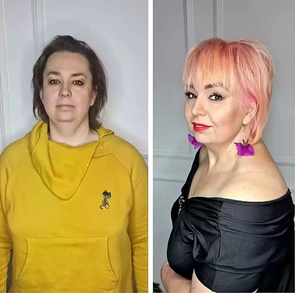 Neck-Length Modern Pixie Mullet with Soft Pink Hues for Ladies Aged 50