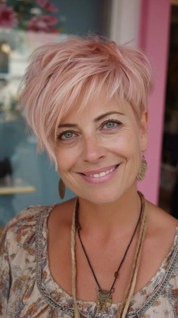 Pastel Rose-Gold Piecey Pixie with Asymmetrical Fringe