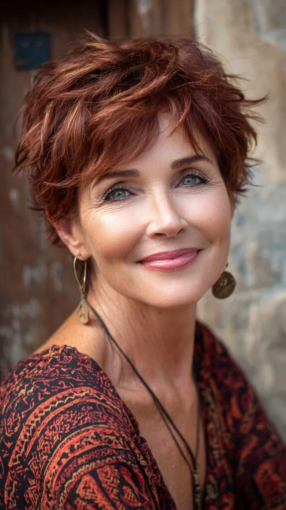 Piecey Auburn Pixie with Face-Framing Feathering and Tapered Nape