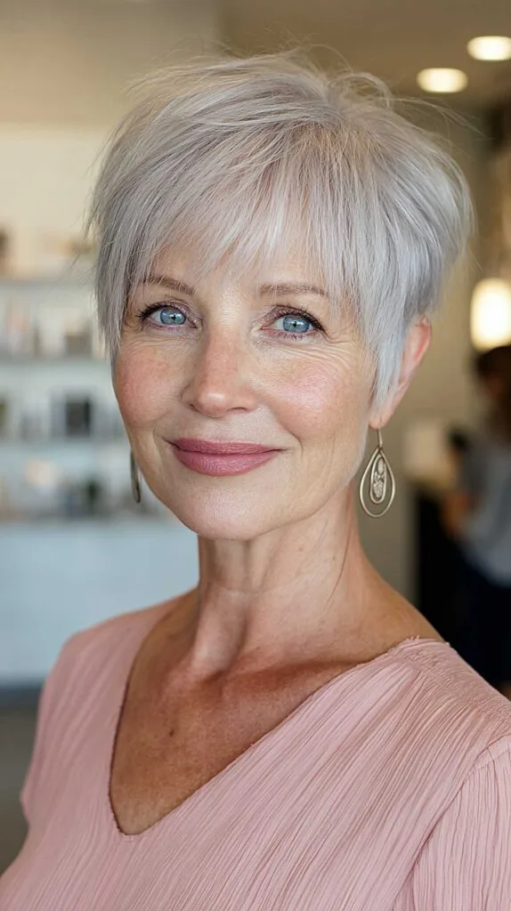 Platinum pixie cut with feathered layers at crown