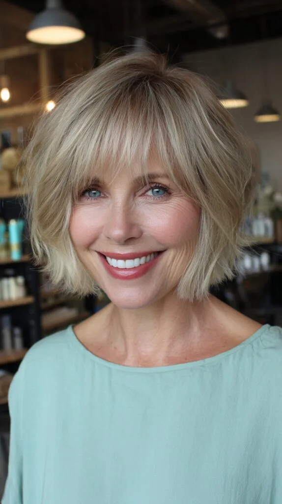 Playful Blonde Textured Bob with Wispy Bangs