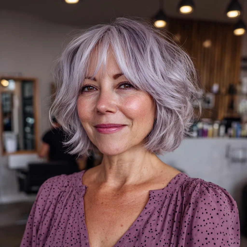 Playful Lavender Choppy Bob with Soft Bangs