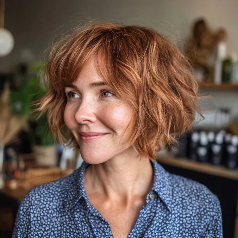 Playful Textured Copper Bob with Soft Waves