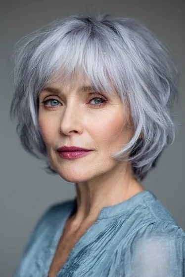 Playful Textured Silver Bob with Feathered Layers