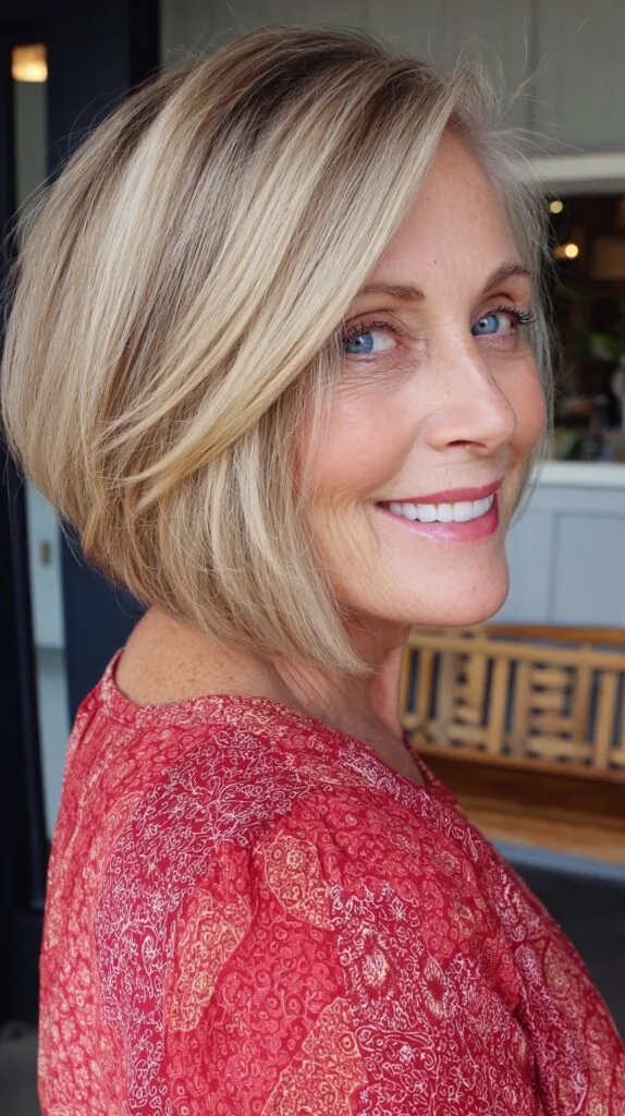 Polished Angled Stacked Bob with Soft Blonde Root-Blend