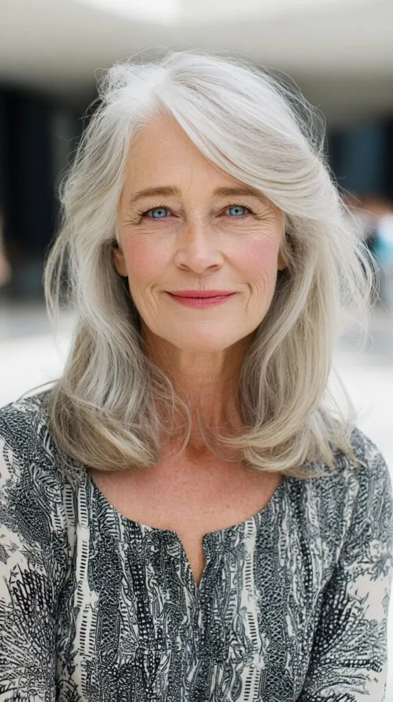 Polished Side-Swept Layered Lob in Natural Grey