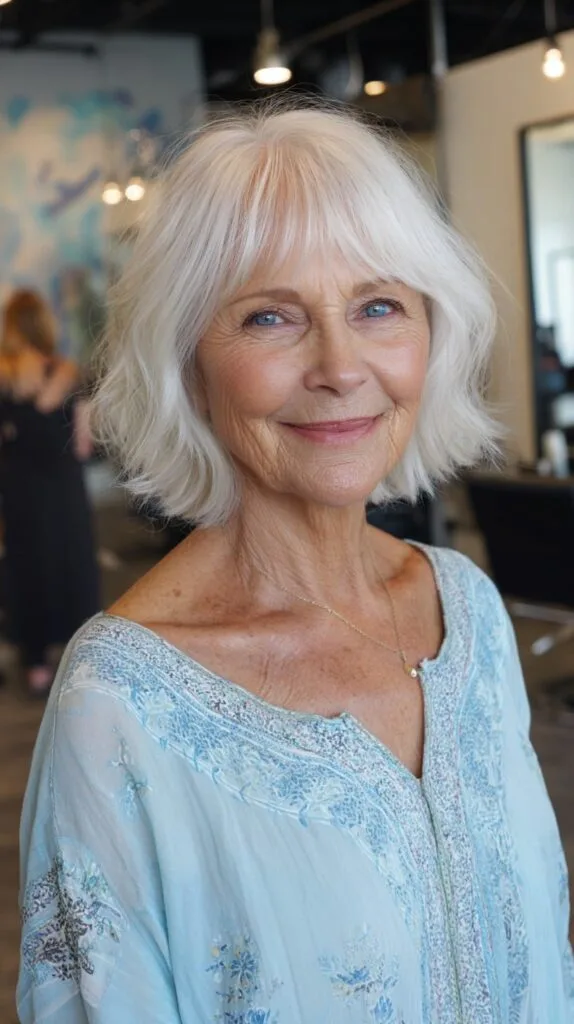 Porcelain Layered Shag Bob with Wispy Curtain Fringe