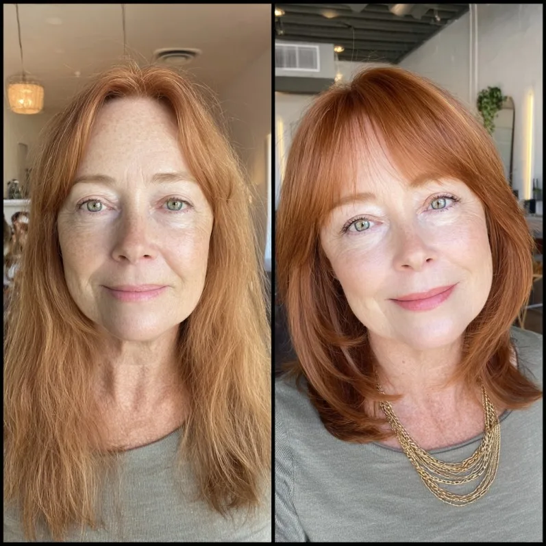 Radiant Copper Lob with Soft Curtain Bangs