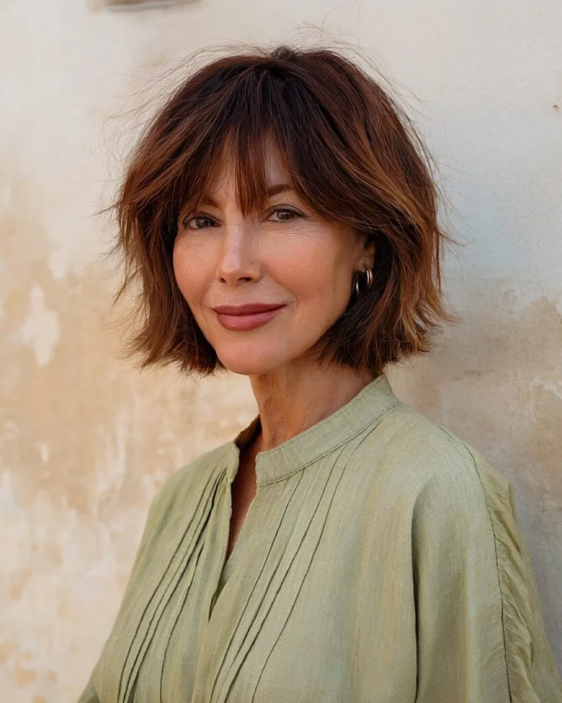 Razor cut choppy bob with wispy fringe on older woman with thick brunette hair