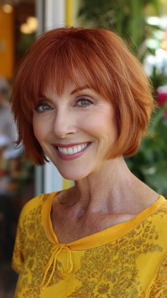 Red-Copper Chin-Length Bob with Micro Fringe and Face-Framing Layers