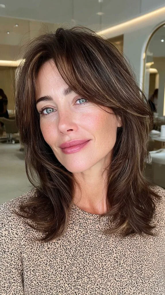 Refined Chestnut Waves with Feathered Curtain Bangs