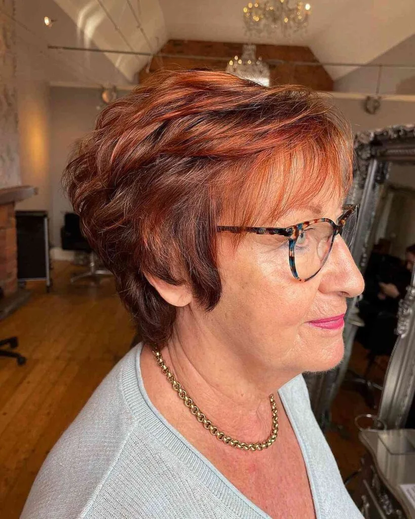 Rich Auburn Feathered Bob for 60-Year-Olds with Glasses