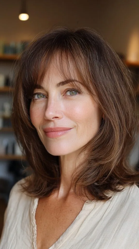 Rich Brunette Lob with Seamless Curtain Bangs