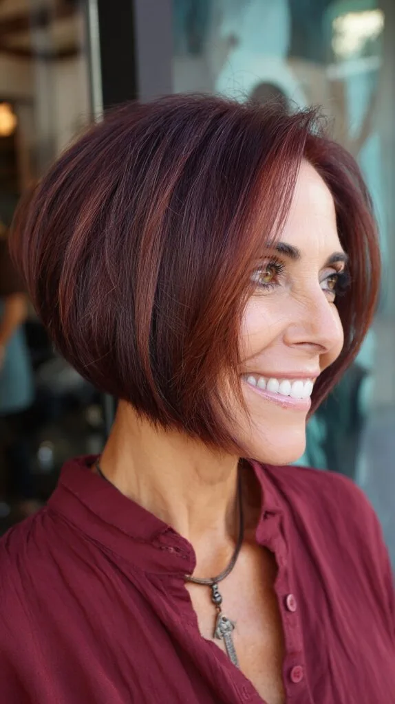Rich Burgundy Forward-Weighted Chin-Length Bob with Subtle Lowlights