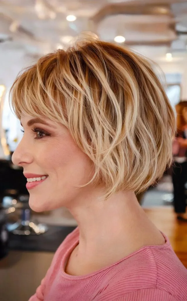 Rooted Blonde Short Bobbed Hair with Fringe for Ladies Aged 40 and Up