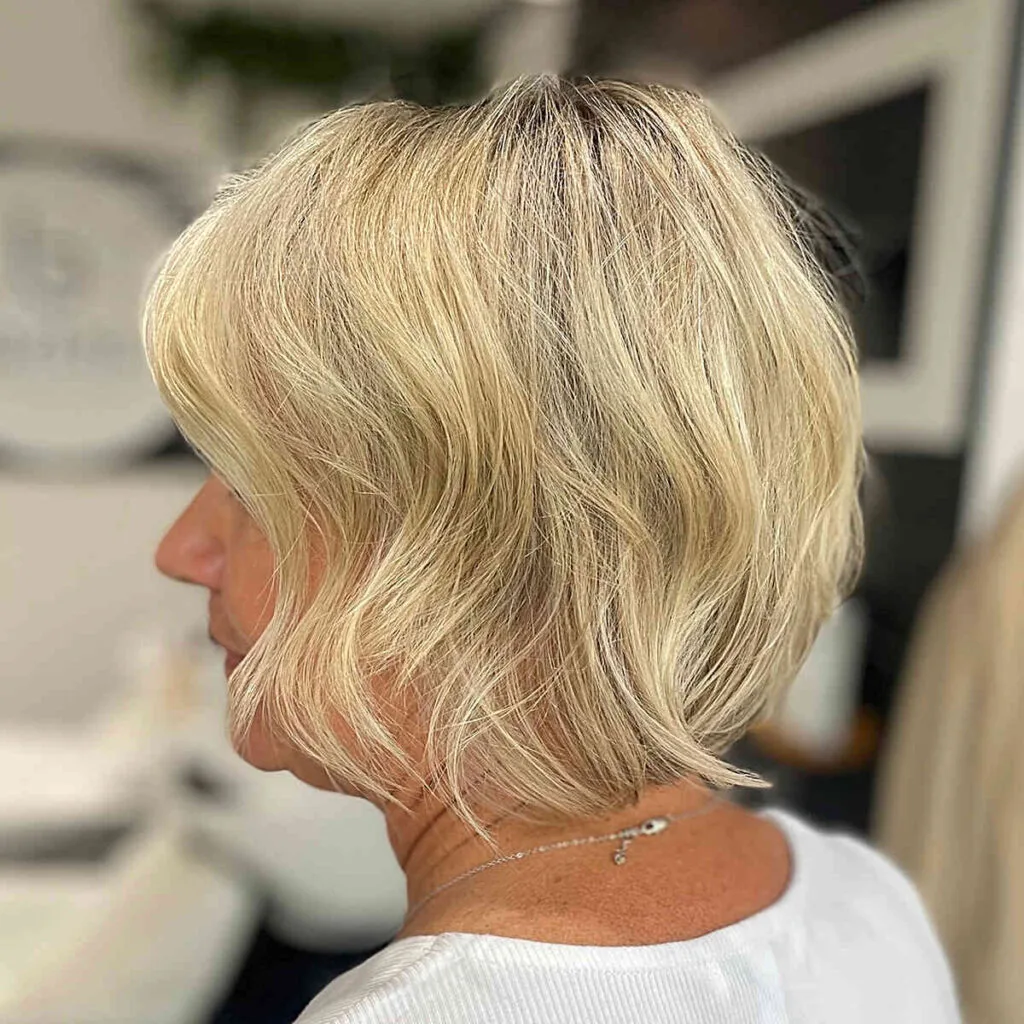 Rooted Blonde Short Wavy Bob for 50-year-olds with Finer Tresses