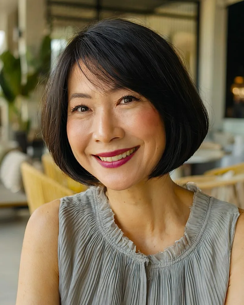Rounded bob with side fringe for older Asian woman with straight jet-black hair and subtle layers
