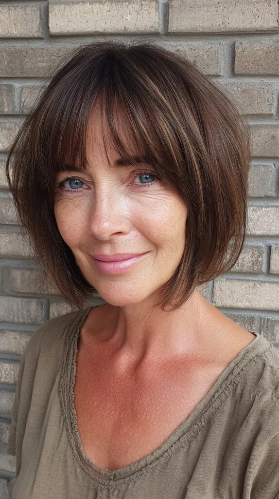 Rounded Chestnut Chin-Length Bob with Caramel Face-Framing Curtain Fringe