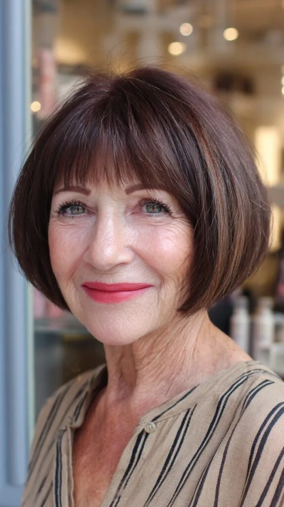 Rounded Chin-Length Bob with Micro Fringe and Subtle Silver Streaks