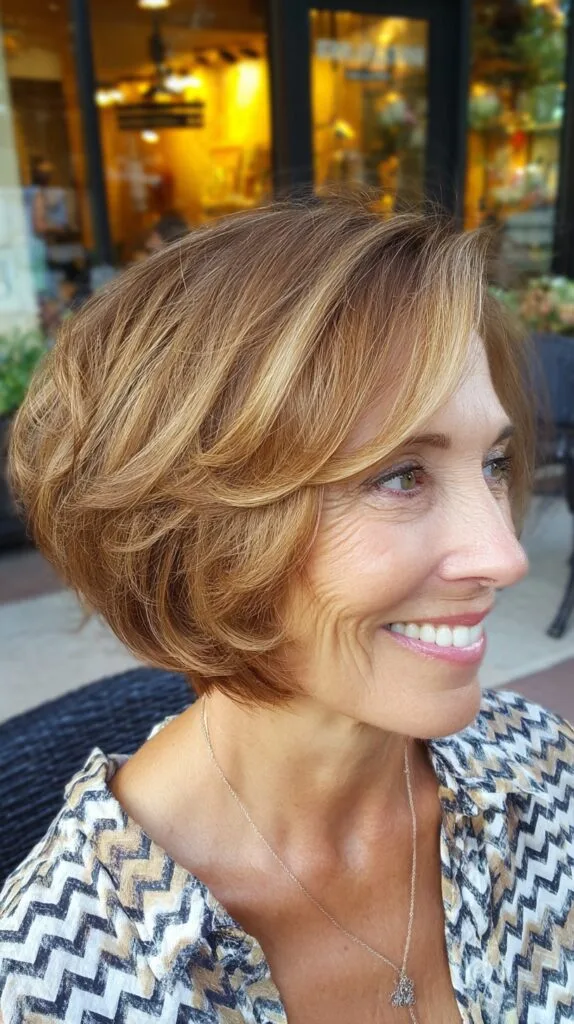 Rounded Stacked Inverted Chin-Length Bob with Warm Caramel Babylights