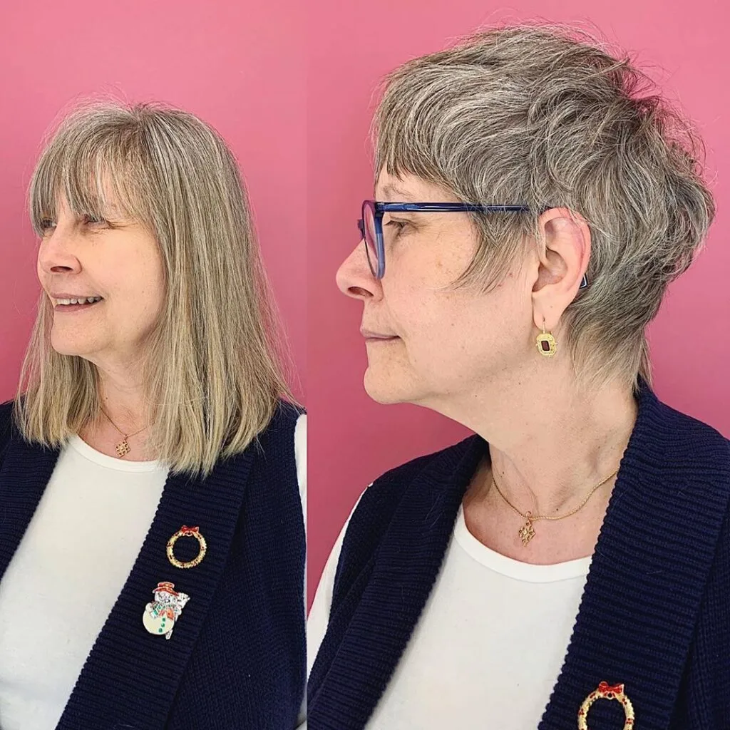 salt and pepper shag haircut over 50 and thin hair