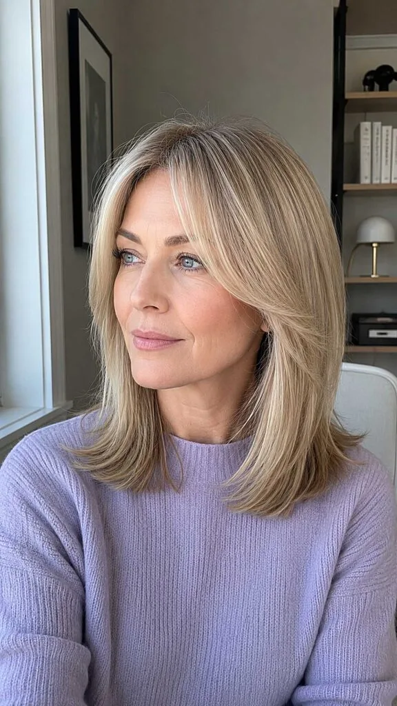 Sandy Blonde Collarbone Layers with Cheekbone-Length Curtain Fringe
