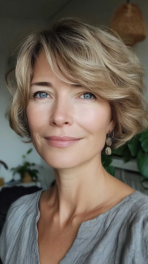 Sandy blonde wavy bob with curtain fringe layers