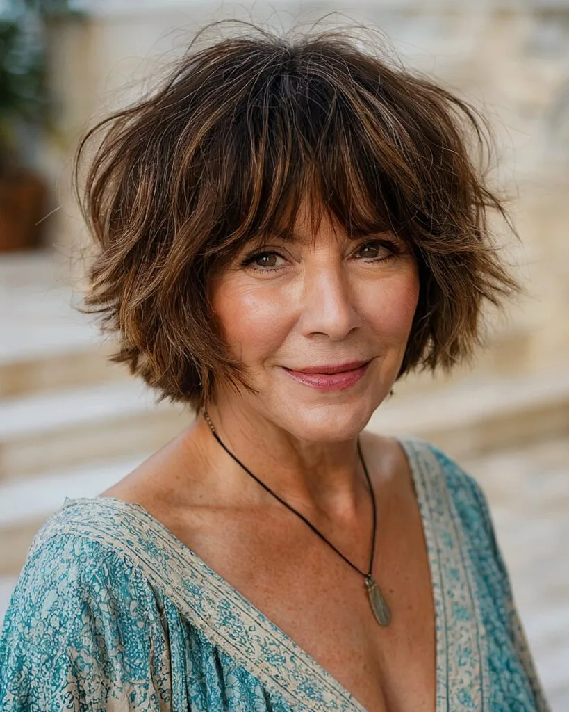 Shaggy choppy bob with tousled ends on older woman with soft layers and fringe for fine hair