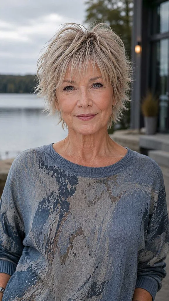 Short ash blonde pixie shag with piecey fringe over 60