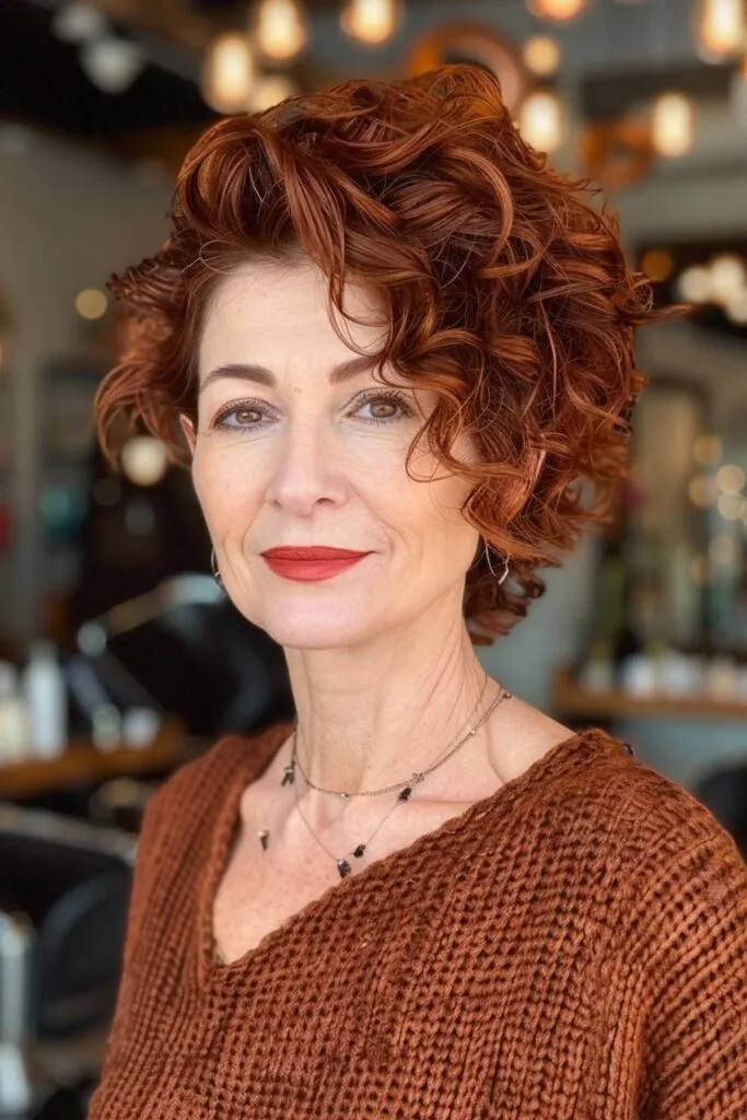 Short asymmetrical Bob for women over 60 with curly hair