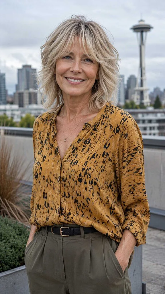 Short blonde shag with flipped layers and bangs over 60