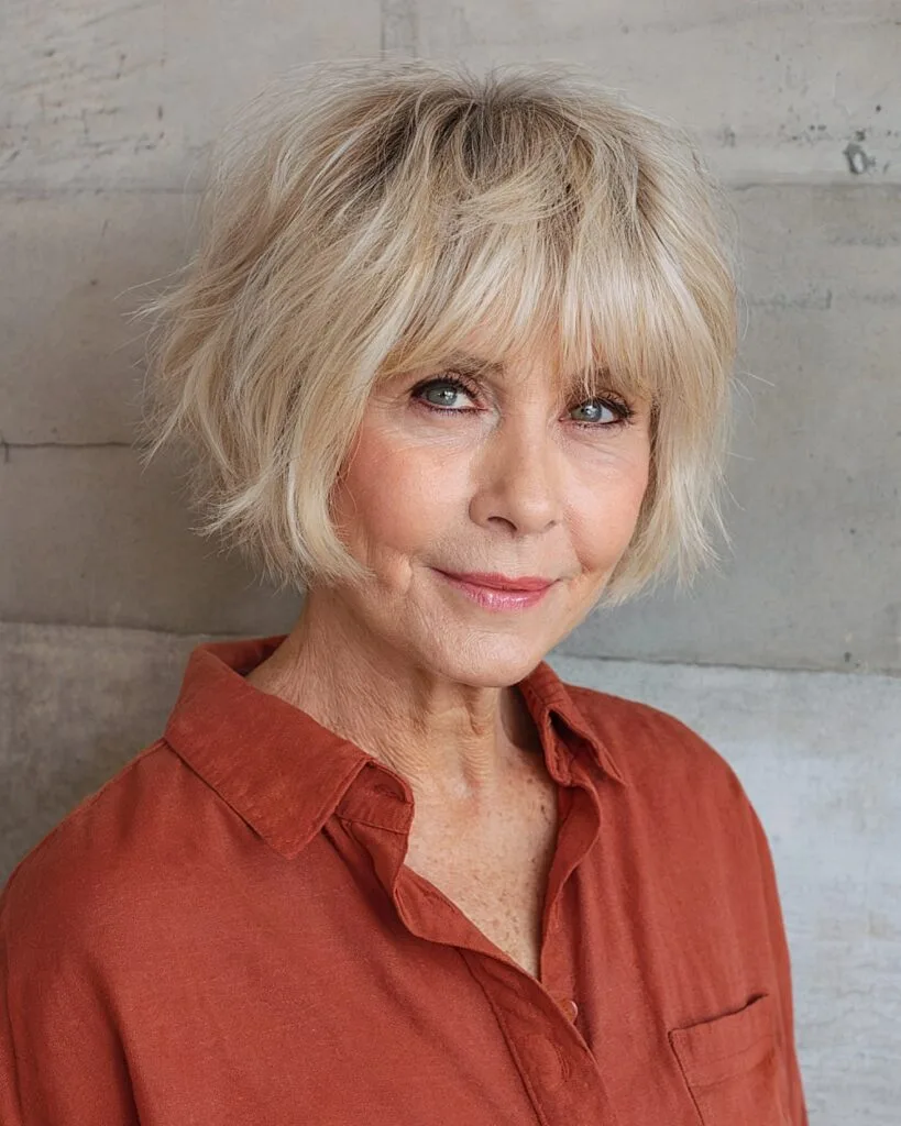 Short choppy bob with root volume on older woman with blonde tousled layers and full fringe