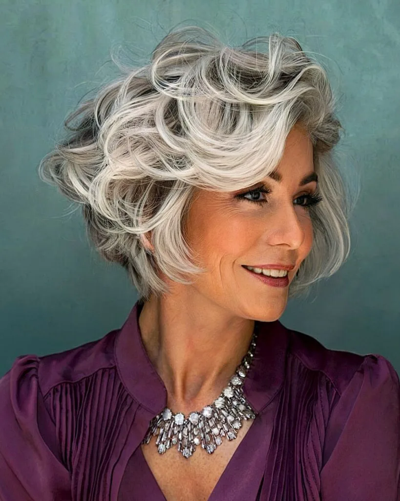 Short Feathered Bob with Silver Balayage for Ladies Aged 50