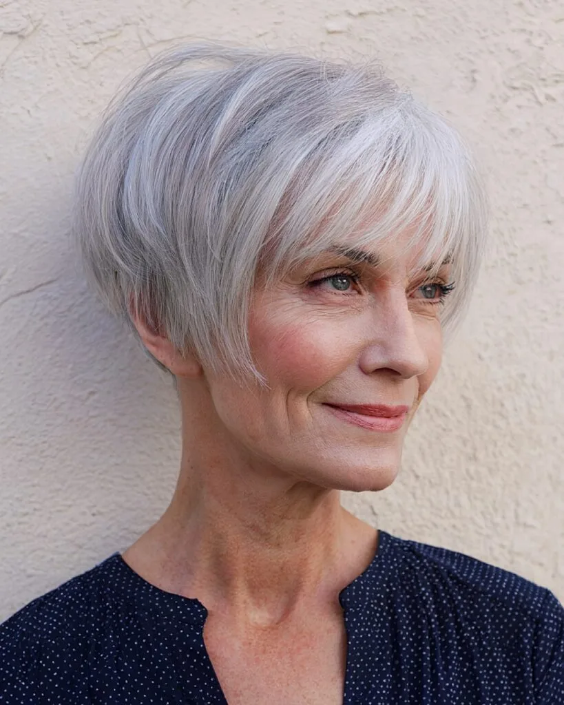 Short inverted bob for women over 60 with layered crown and clean nape detail