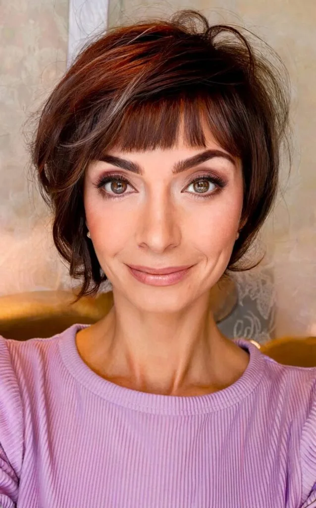 Short Layered Bob with Blunt Bangs for Ladies in Their Forties