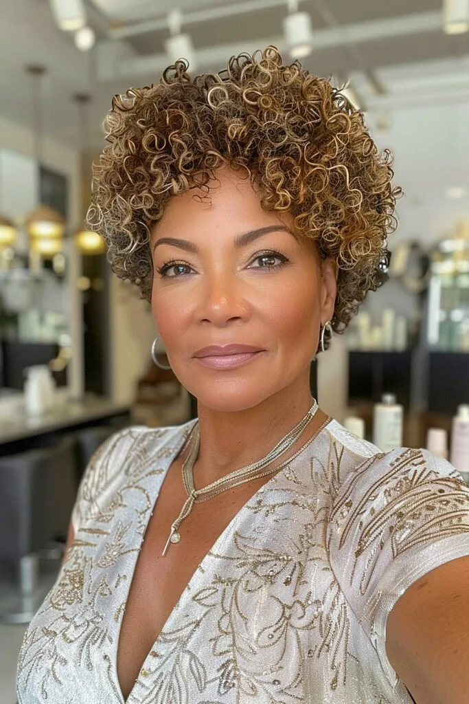 Short natural curly hairstyle with golden highlights for women of color over 50