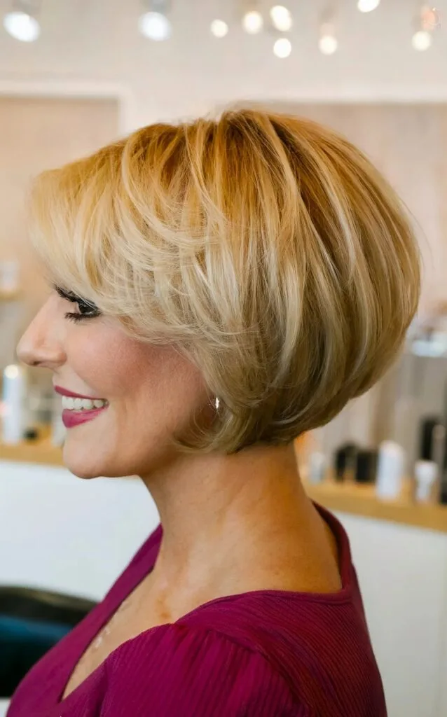 Short Round Stacked Bob on Thick Haired Ladies 40 and Up