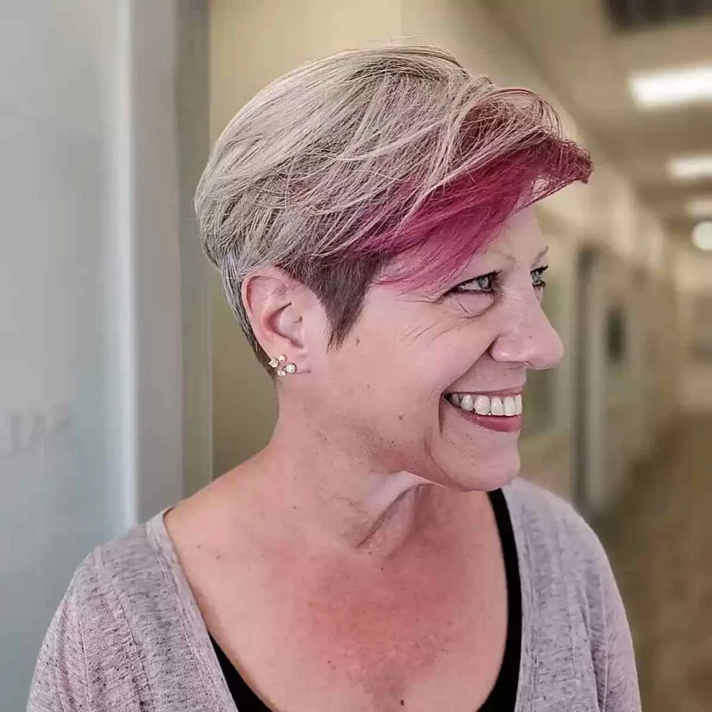 Short Stylish Undercut Pixie with Silver and Mauve Highlights for Mature Ladies Over 50