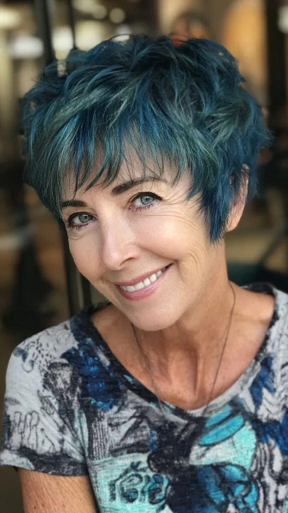 Short Teal Textured Pixie with Wispy Fringe and Tapered Sides