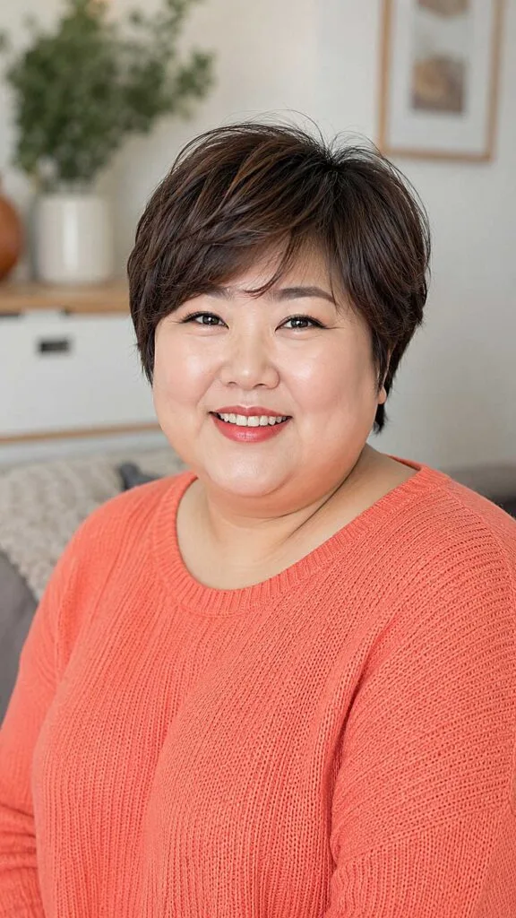 Short textured dark pixie cut with wispy bangs on round face