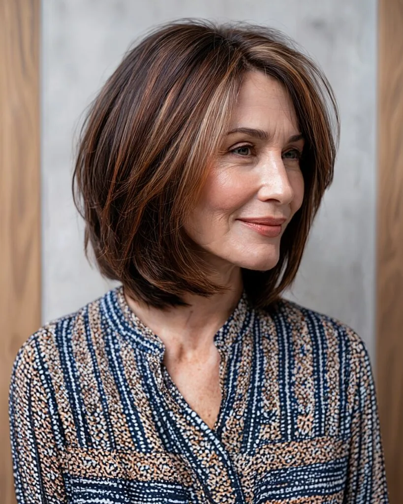 Shoulder-length inverted bob for mature women with soft layering and red tones