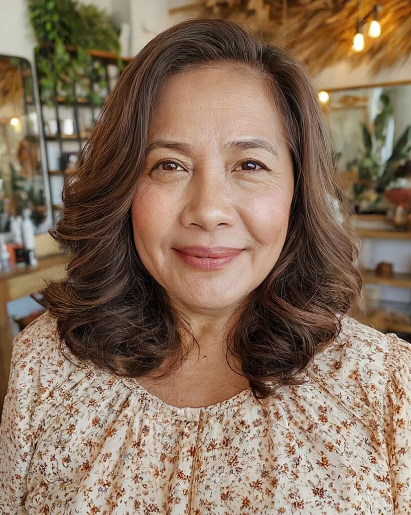 Shoulder-length soft curls on older Asian woman with warm brown layered hair and side sweep
